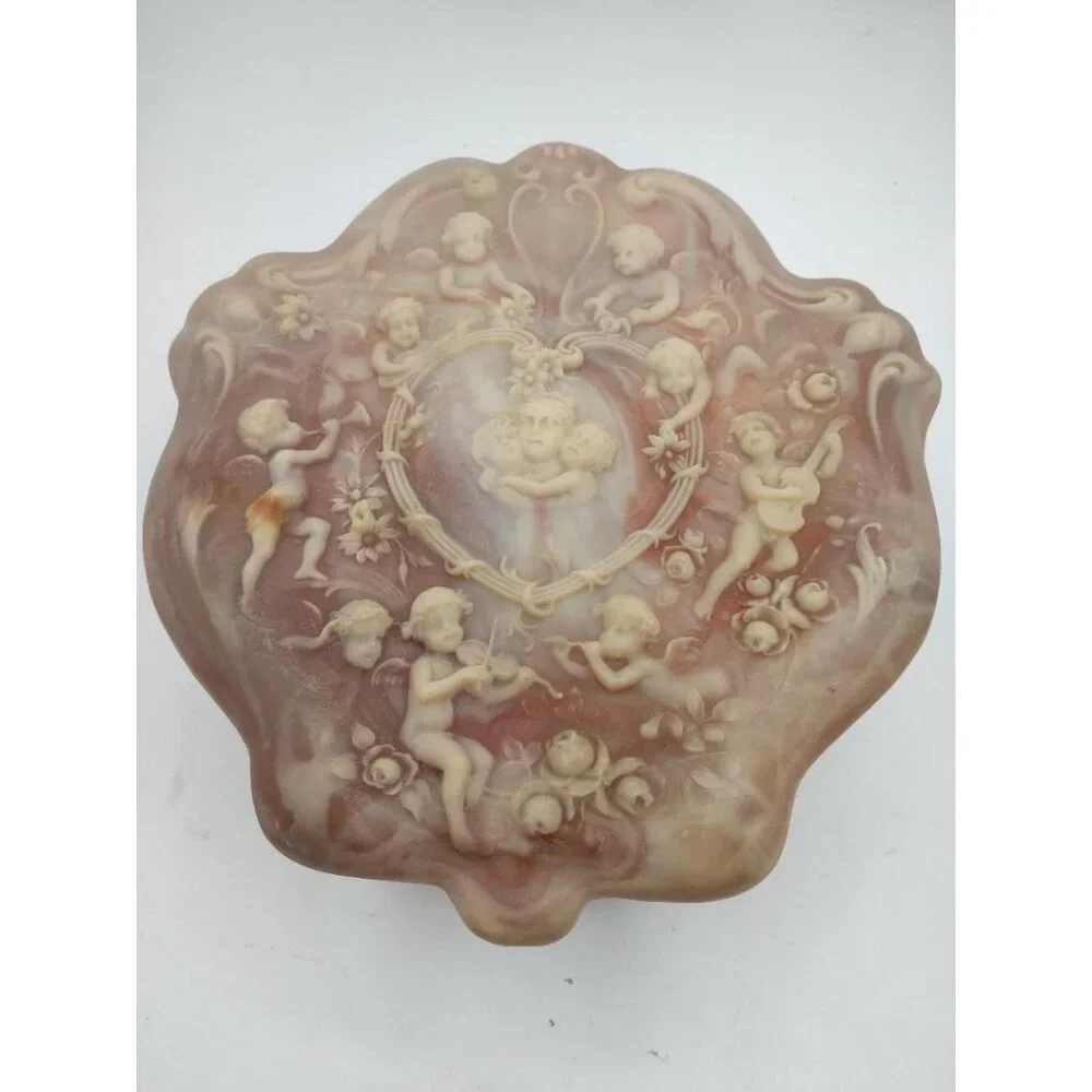 Vintage Genuine Incolay Stone Jewelry Box With Hinged Lid & Angel Motif Design
